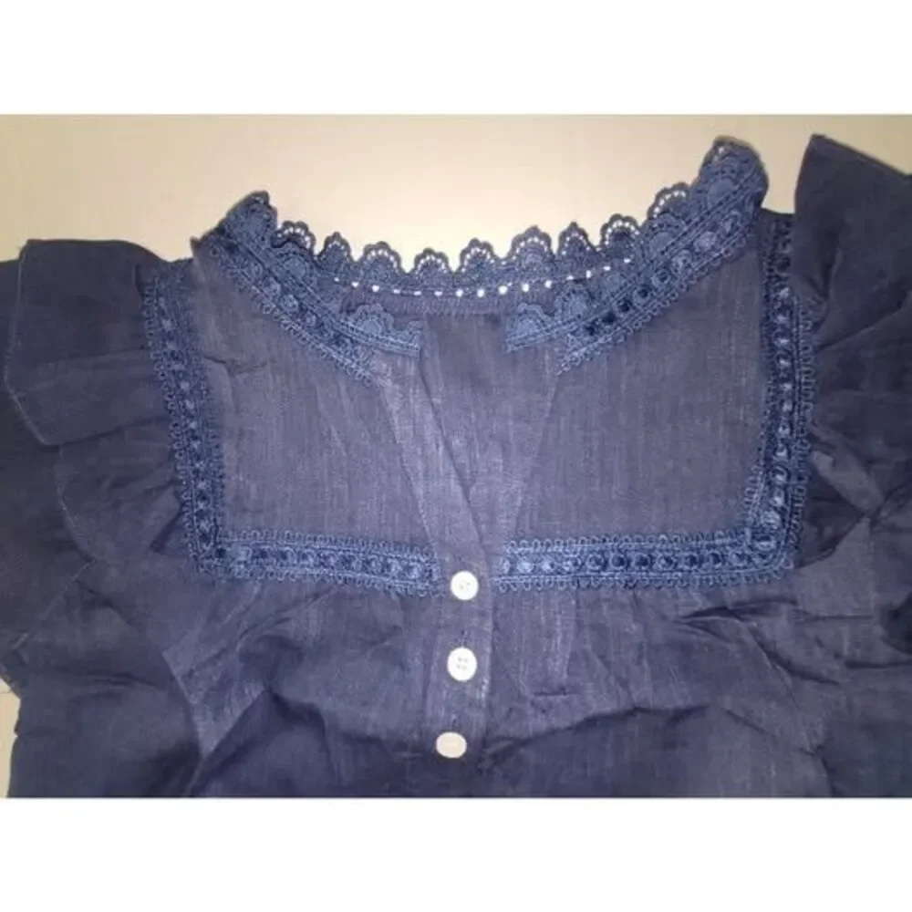 Minimalist Navy Blue Ruffled Blouse Top L
